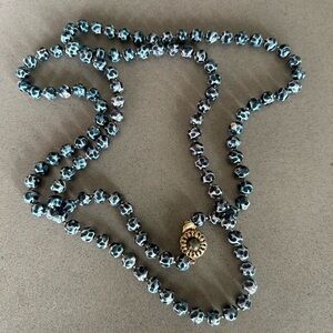 Vintage Style 32” Dark Teal Beaded Boho Necklace W/ Decorative Sunburst Clasp